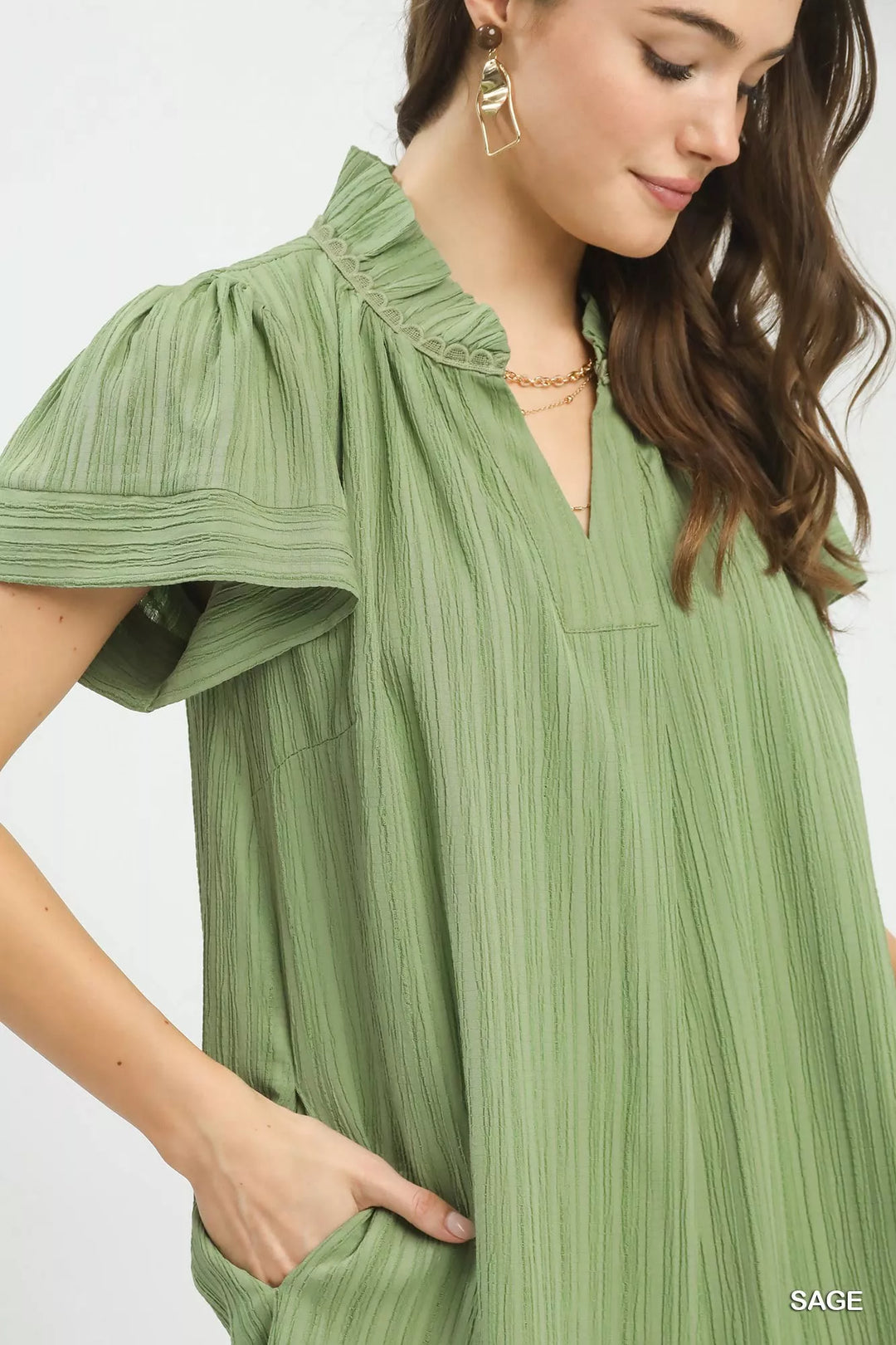 Umgee Flutter Sleeve V Neck Shift Dress
