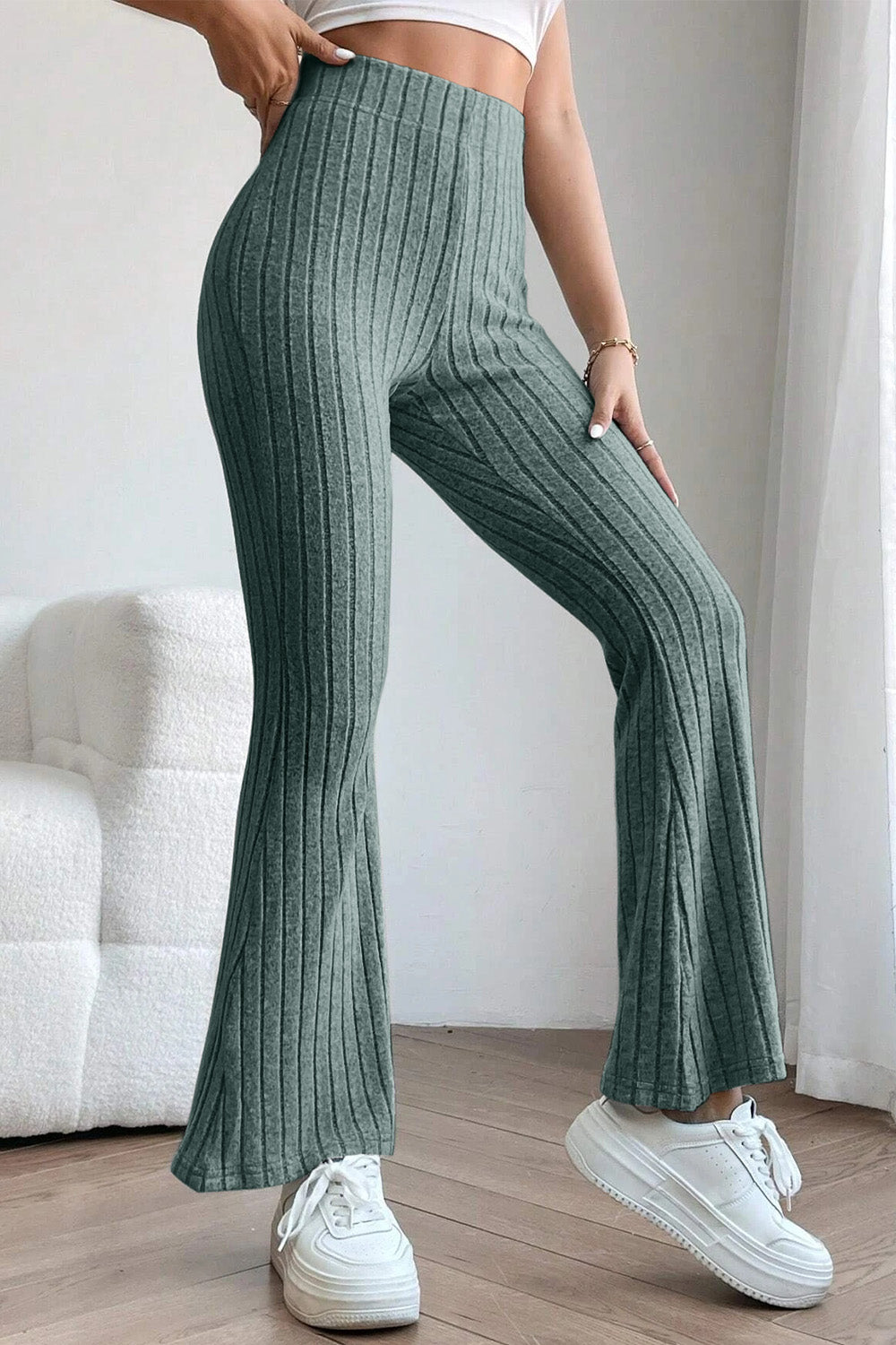 Light Gray Basic Bae Full Size Ribbed High Waist Flare Pants