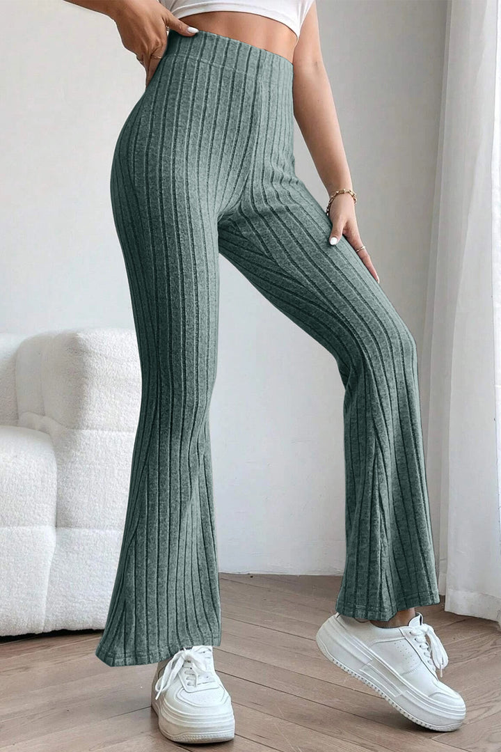 Light Gray Basic Bae Full Size Ribbed High Waist Flare Pants
