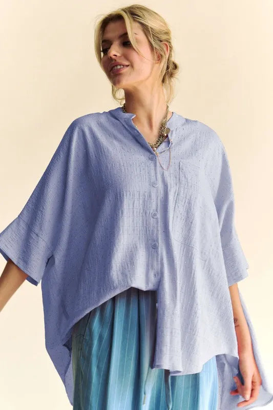Blue Davi Dani Rhinestone Pleat Back Short Sleeve Loose Fit Shirt