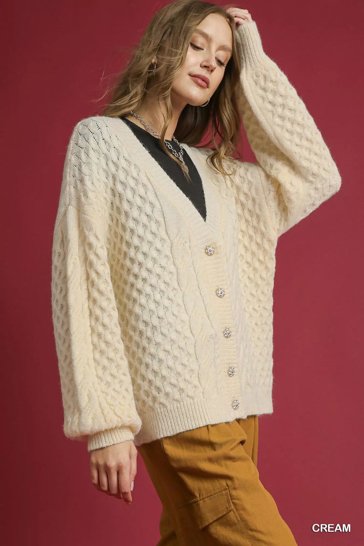 Cream Umgee Cable Knit Pearl Button Cardigan