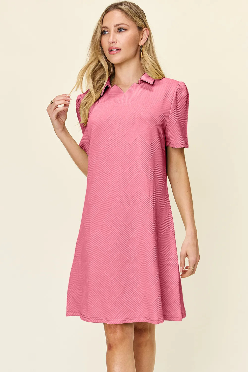 Tangerine Double Take Full Size Texture Collared Neck Short Sleeve Dress
