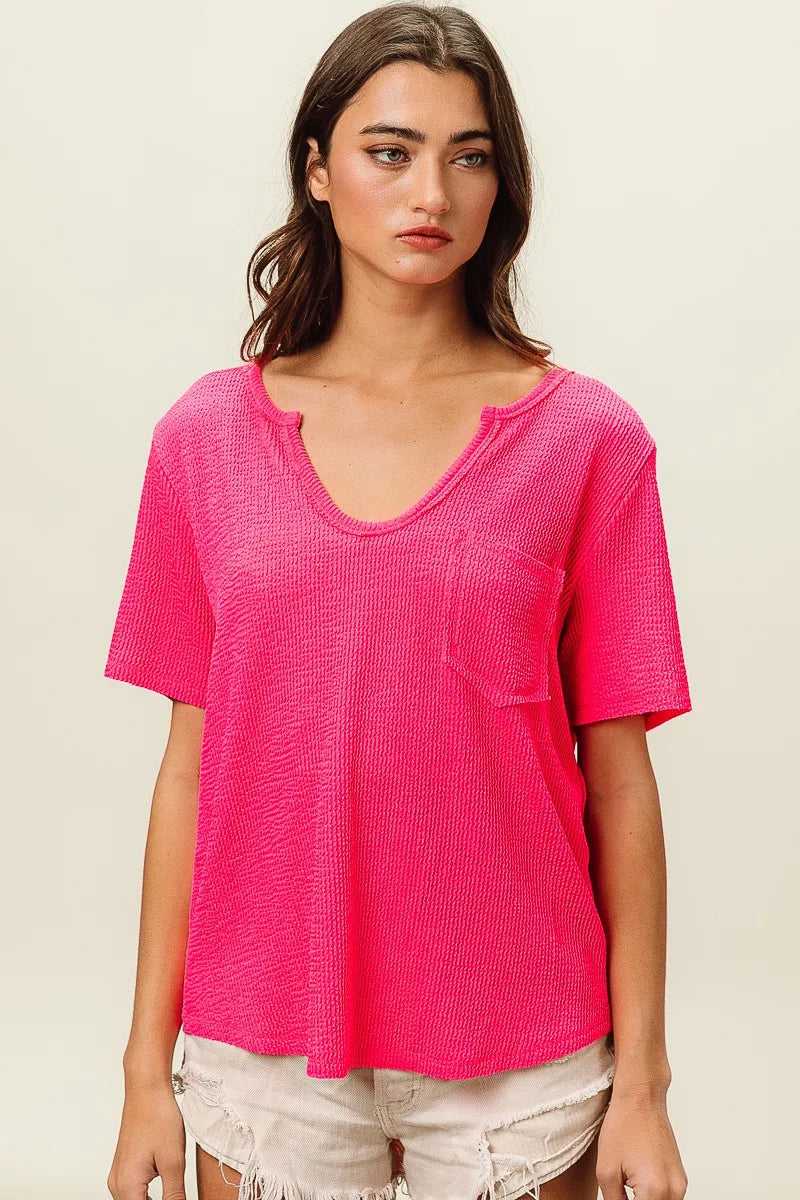 Bibi Waved Rib U Neck Top With Front Pocket