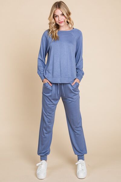 Powder Blue Super Lady Round Neck Raglan Sleeve Top And Pants Lounge Set