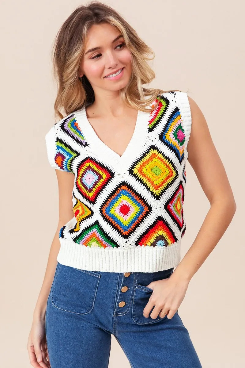 Ivory Bibi Diamond Granny Square Sweater Vest