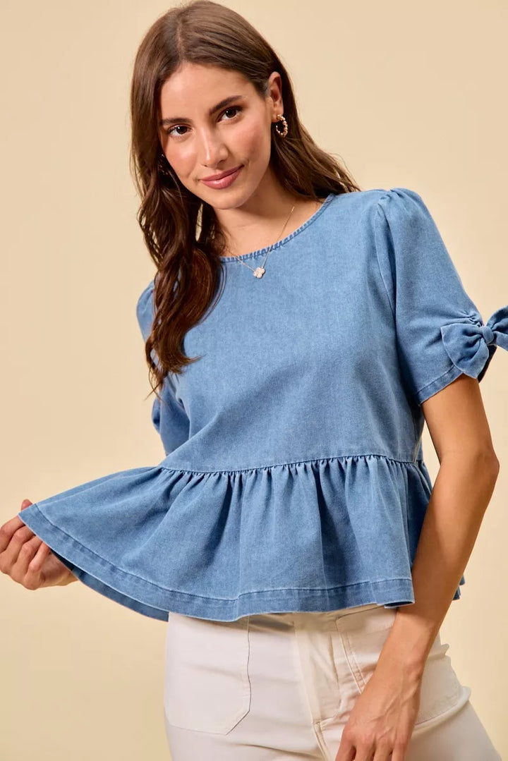 Denim So Me Denim Bow Detail Short Sleeves Peplum Top