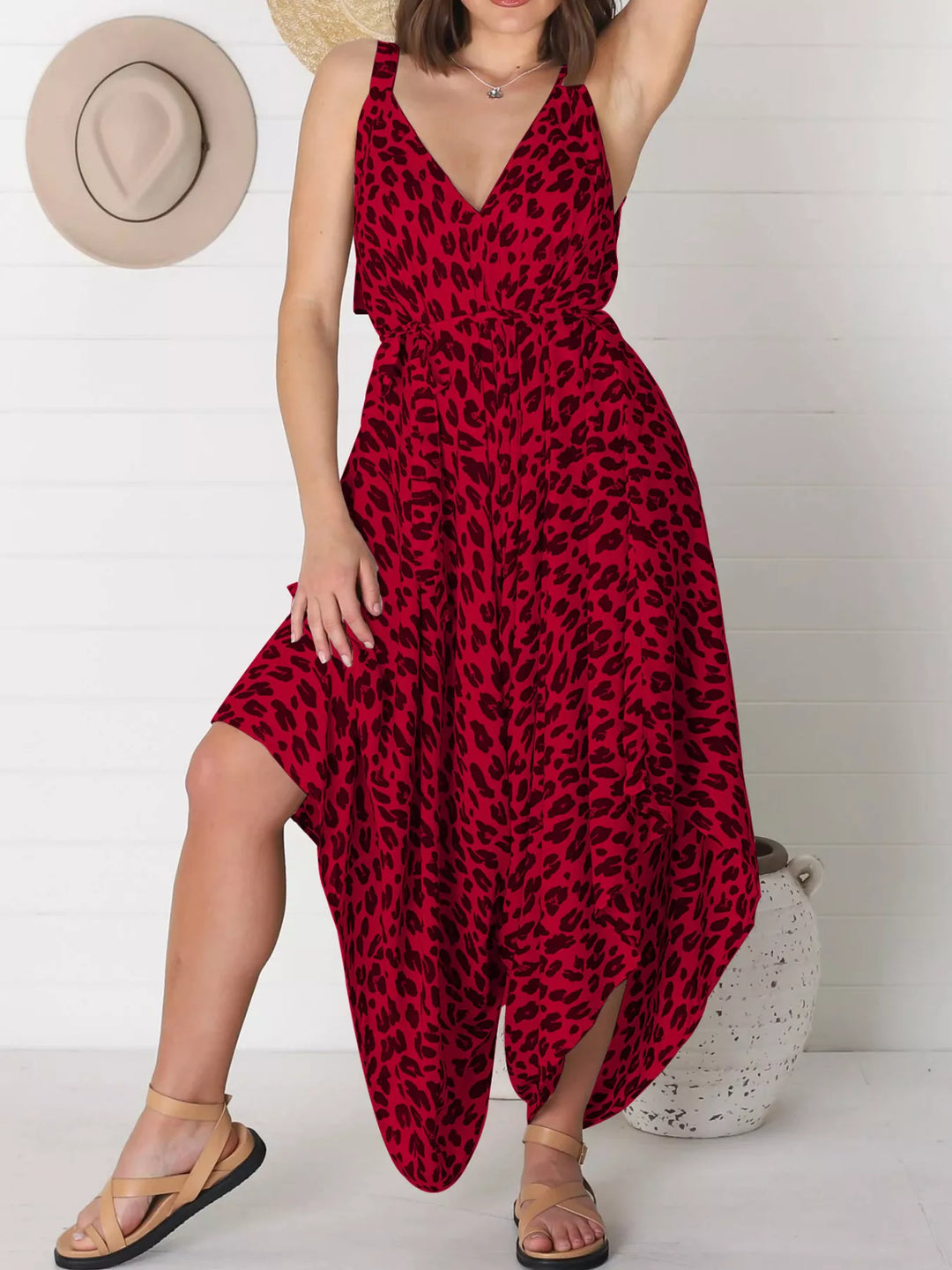 Red Full Size Leopard Print V Neck Wide Leg Jumpsuit Plus Size