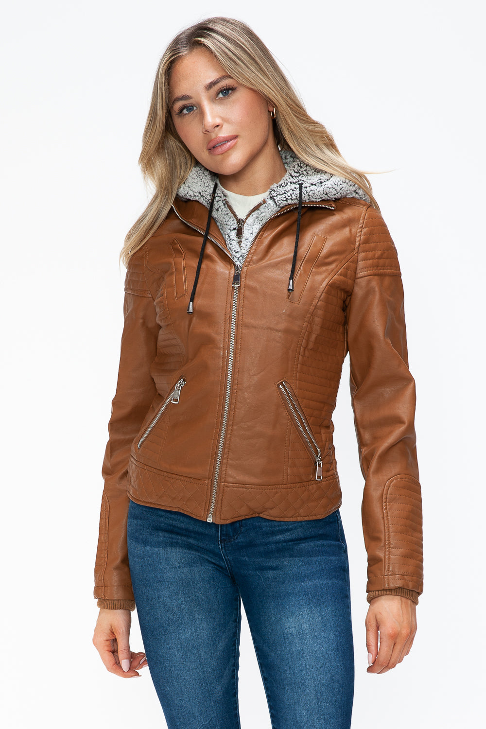 Camel Ymi Faux Layered Double Zipper Jacket With Fuzzy Hood 4
