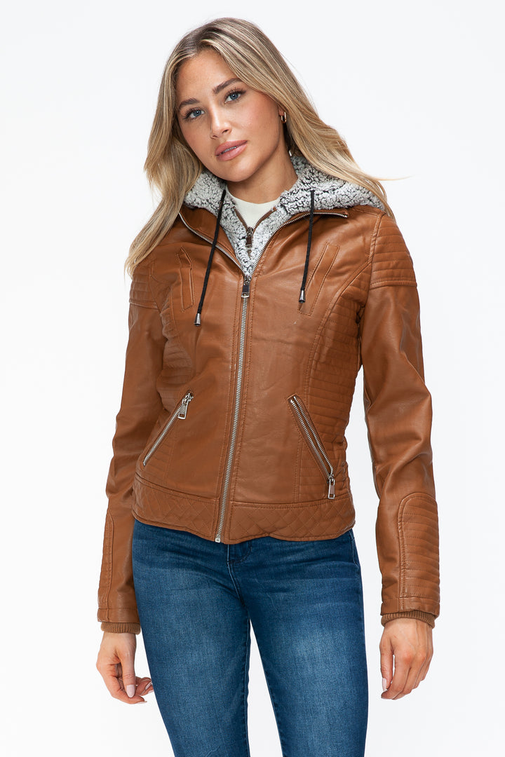 Camel Ymi Faux Layered Double Zipper Jacket With Fuzzy Hood 4