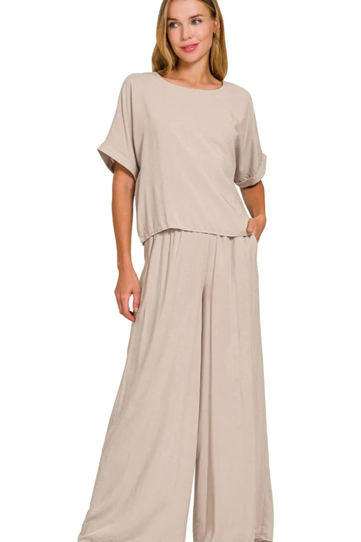 Ash Mocha Zenana Round Neck T Shirt And Wide Leg Pants Set 2