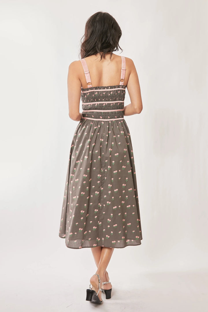 Davi Dani Contrast Velvet Tape Smocking Bodice Midi Dress 1