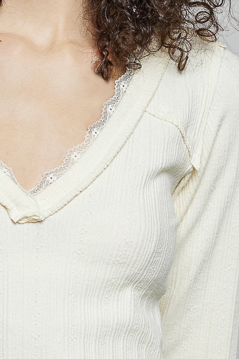 Pol V Neck Long Sleeve Ribbed Top With Lace Accent Neckband