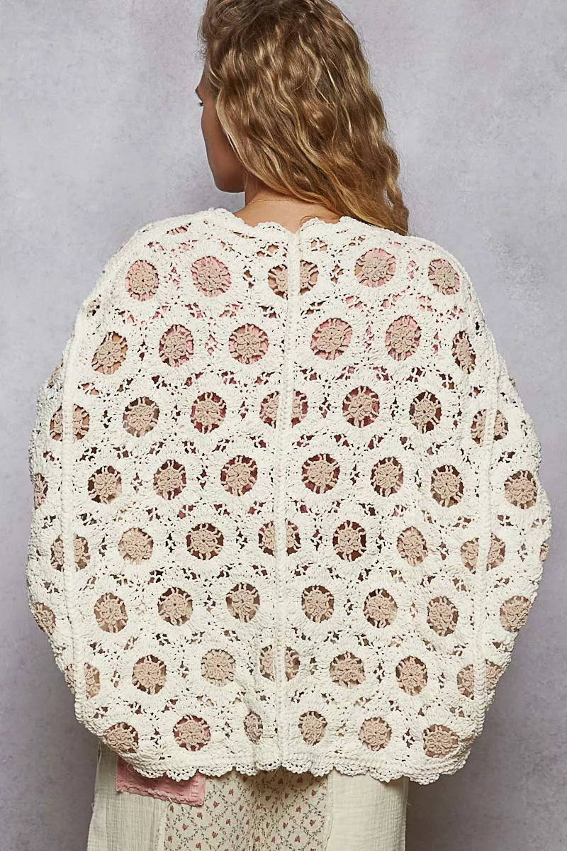 Pol Openwork V Neck Chenille Cardigan With Contrast Floral