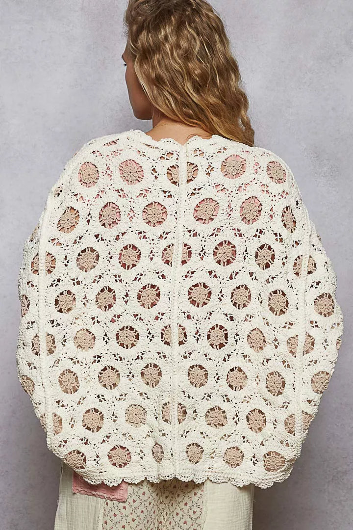 Pol Openwork V Neck Chenille Cardigan With Contrast Floral