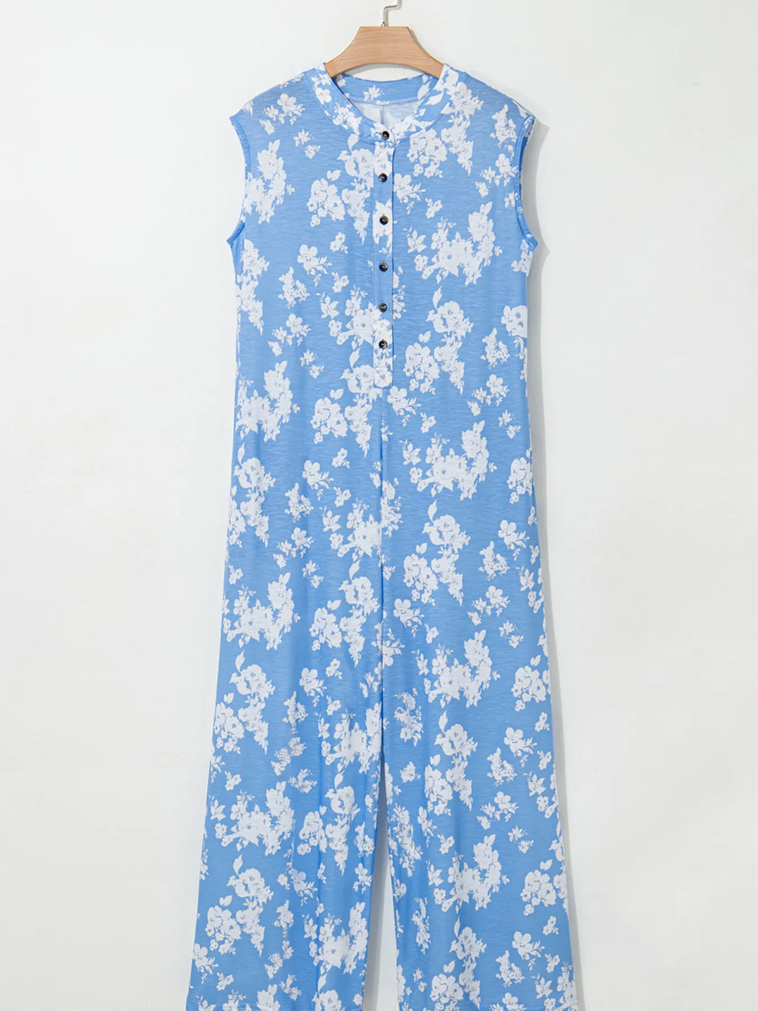 Light Blue Printed Button Front Wide Leg Jumpsuit