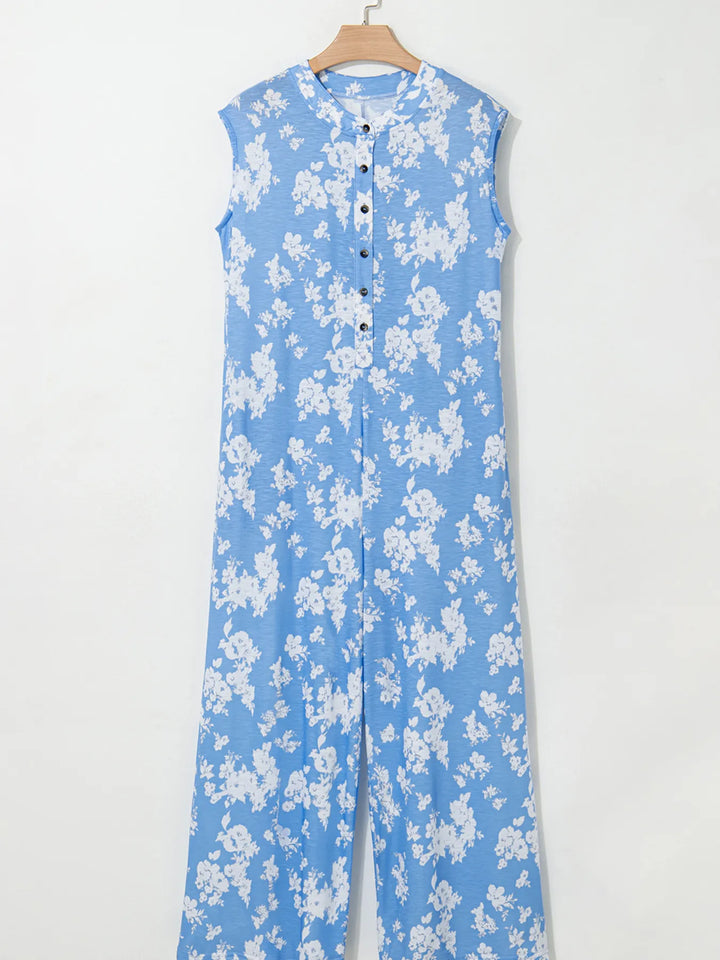 Light Blue Printed Button Front Wide Leg Jumpsuit