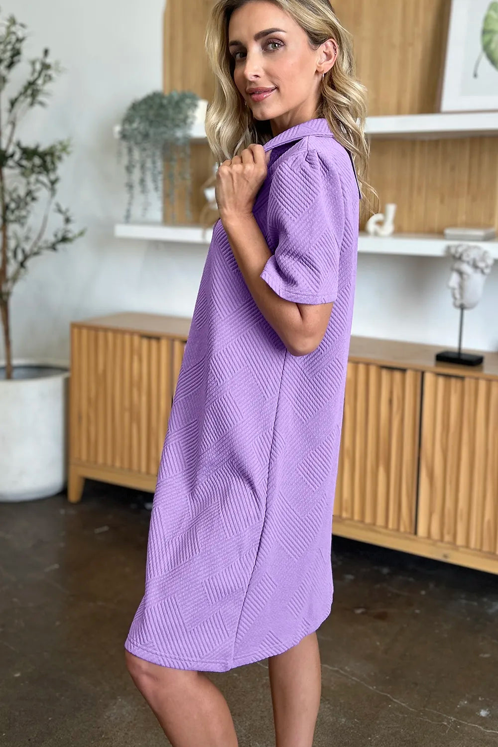 Mid Green Double Take Full Size Texture Collared Neck Short Sleeve Dress