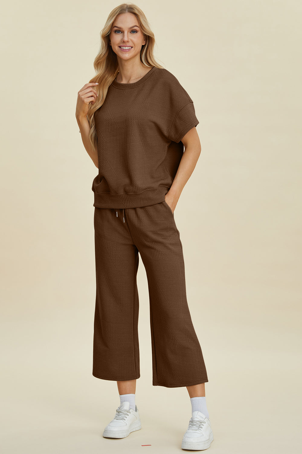 Brown Double Take Full Size Texture Round Neck Top And Pants Set