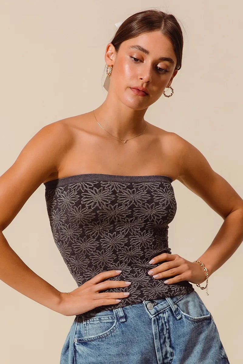 2Tone Black So Me Jacquard Floral Two Tone Seamless Tube Top 1