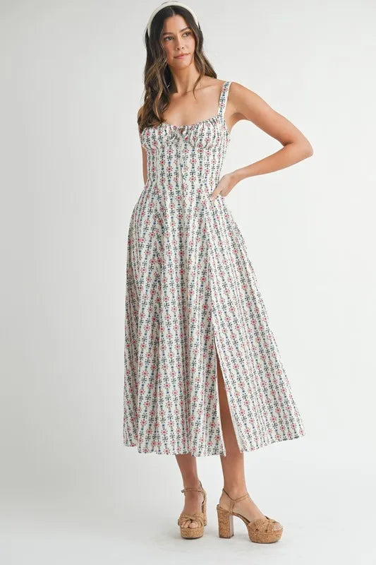 Mable Floral Print Bustier Back Lace Up Midi Dress 1