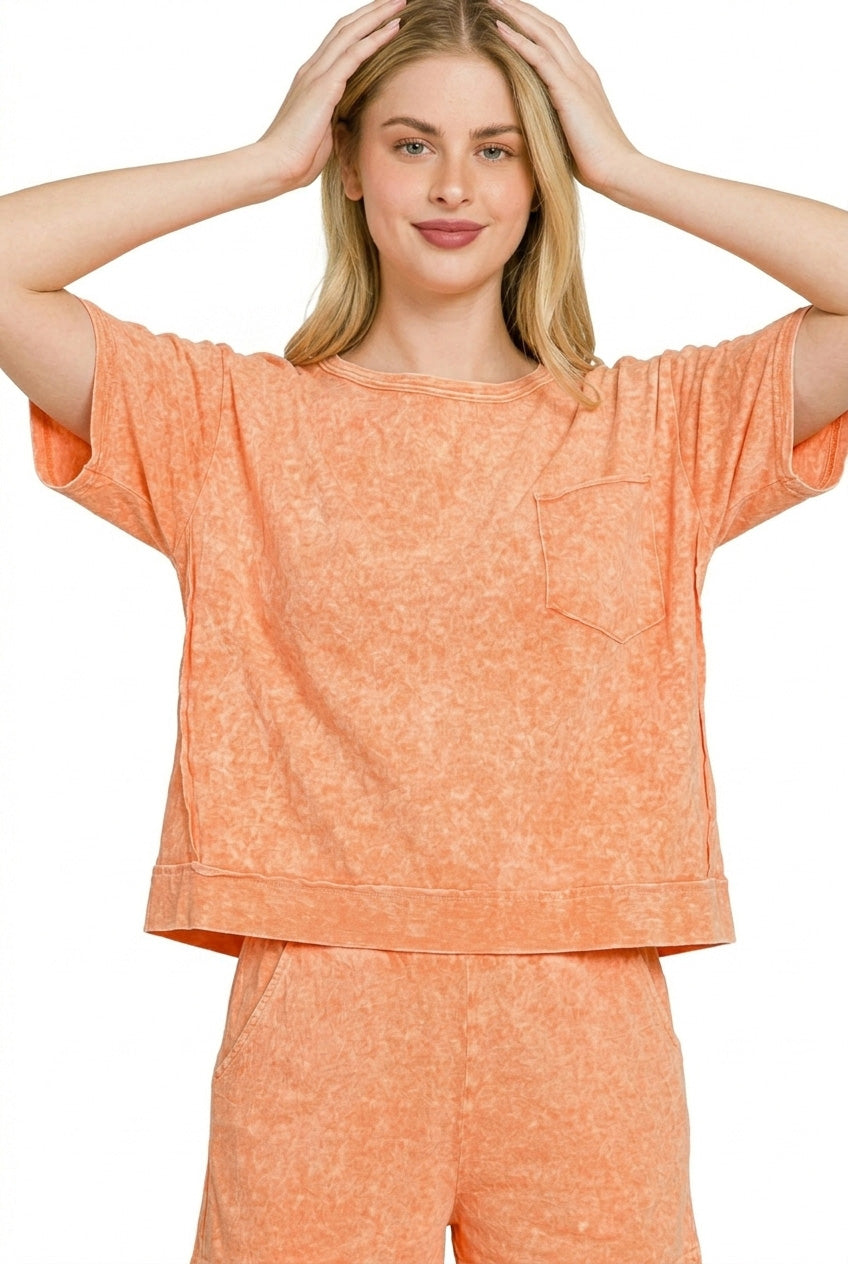 Orange Zenana Halo Snow Washed Boxy Top Shorts Set 1