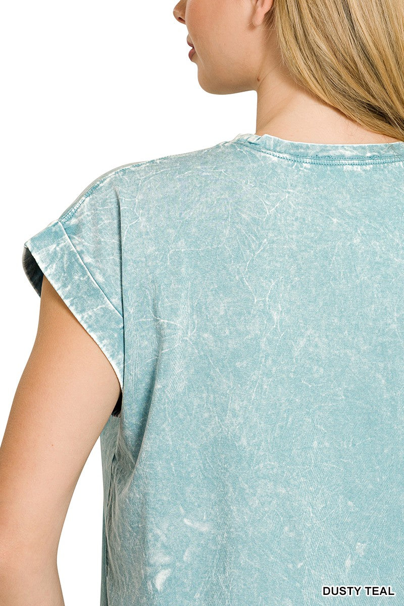 Dusty Teal Zenana Full Size Crinkle Washed Round Neck Folded Short Sleeve Tee Plus Size 4