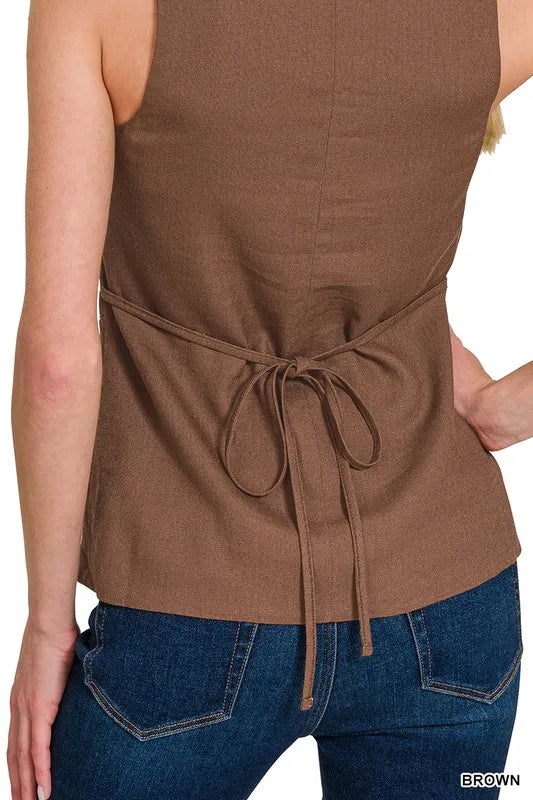 Brown Zenana Linen Tie Back 4 Button Vest With Lining