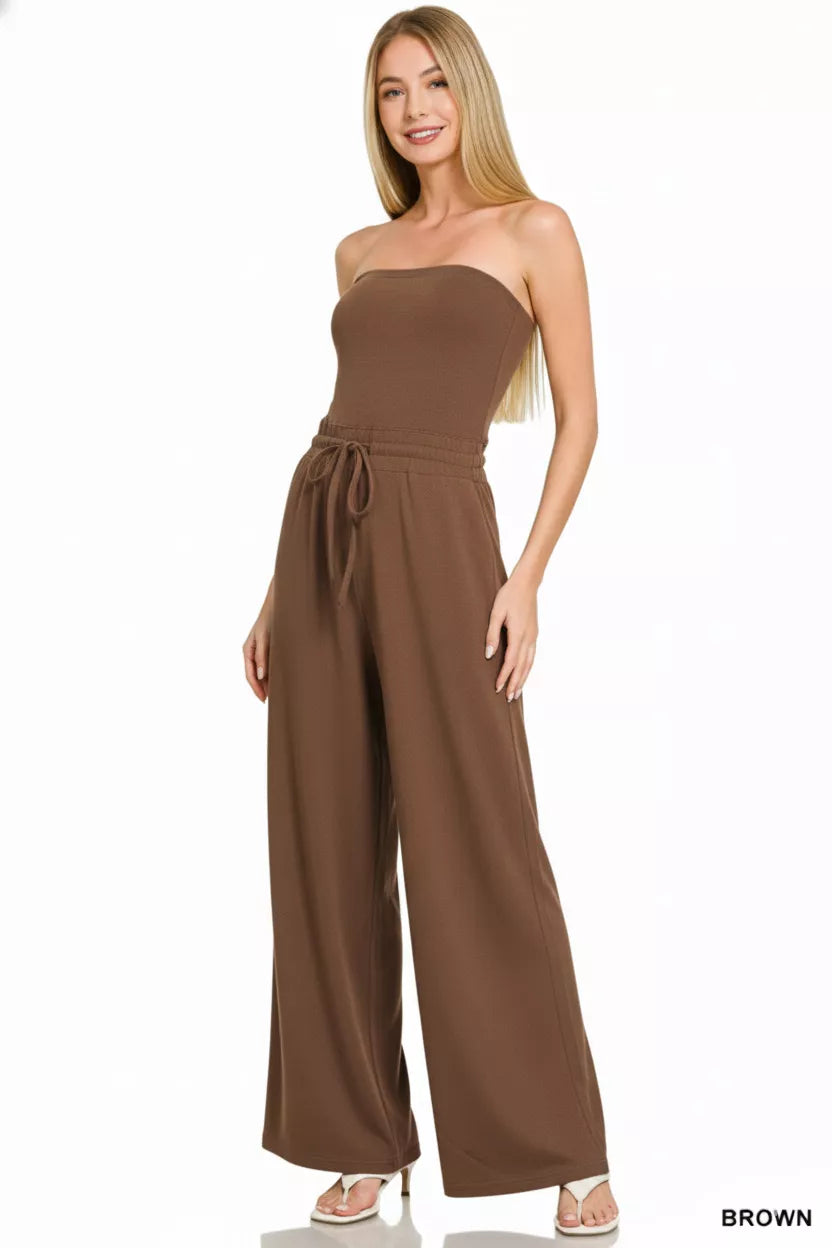 Brown Zenana Tube Top Jumpsuit With Drawstring Waist 2