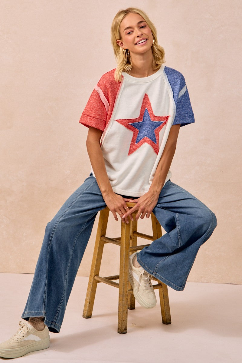 Bibi Contrast French Terry Cut Edge Detail Fourth Of July Theme T Shirt
