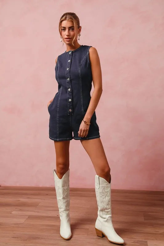 Denim So Me Button Up Front Washed Denim Sleeveless Romper