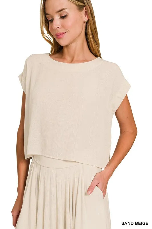 Sand Beige Zenana Woven Crinkle Gauze Crop Tee And Skirt Set 1