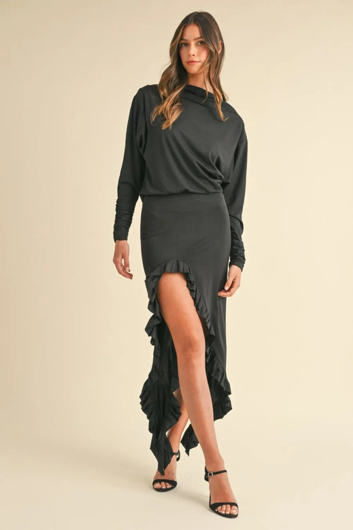 Black Mable Backless Asymmetric Ruffle Hem Dress