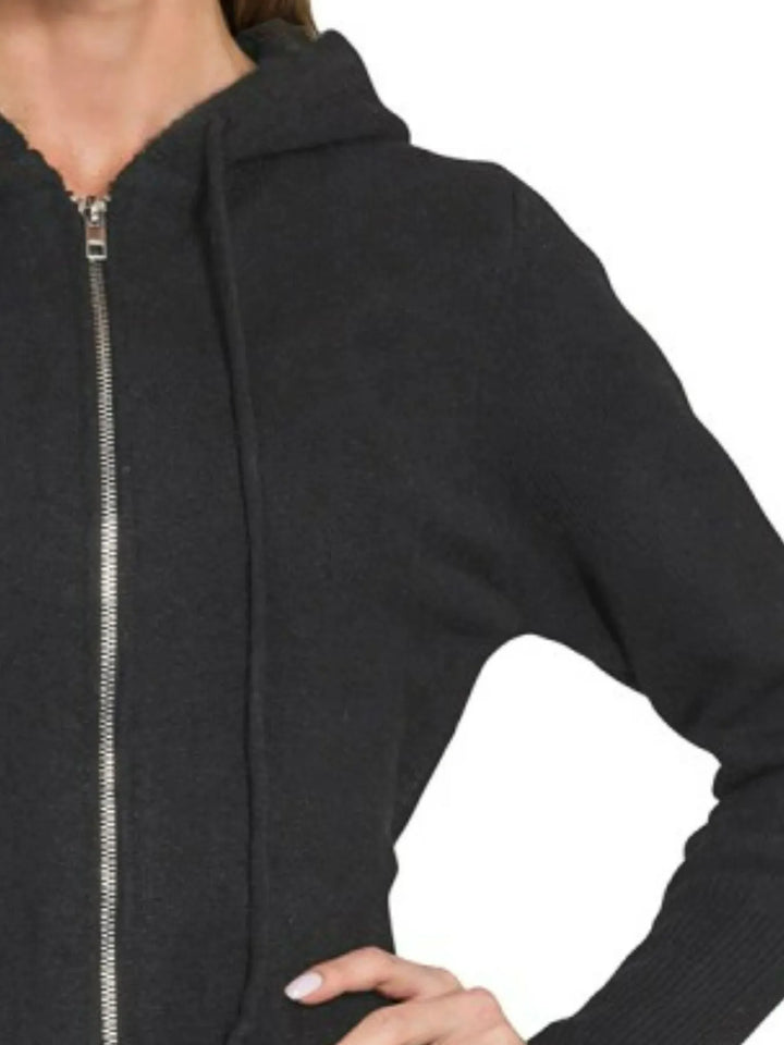 Black Zenana Drawstring Zip Up Hooded Cardigan 1