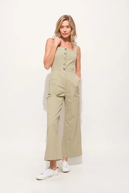 Sage And The Why Square Neck Button Down Cropped Wide Leg Jumpsuit