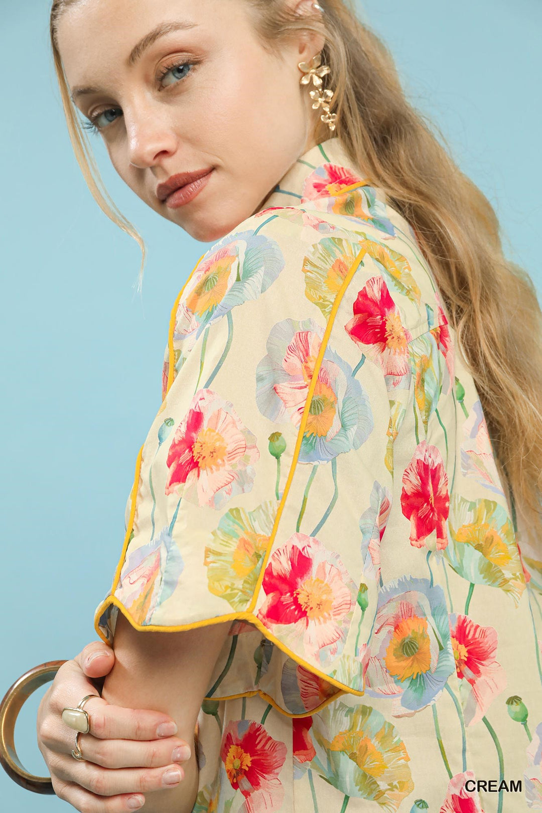 Umgee Floral Print Button Down Blouse With Flutter Sleeves 1