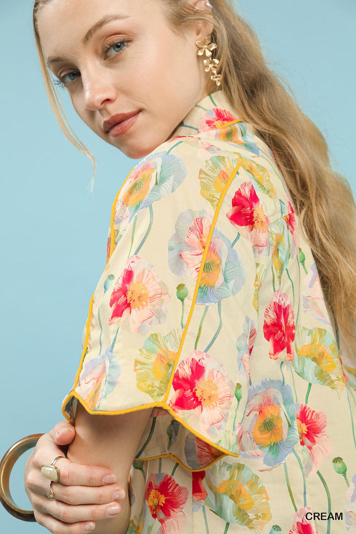 Umgee Floral Print Button Down Blouse With Flutter Sleeves 1
