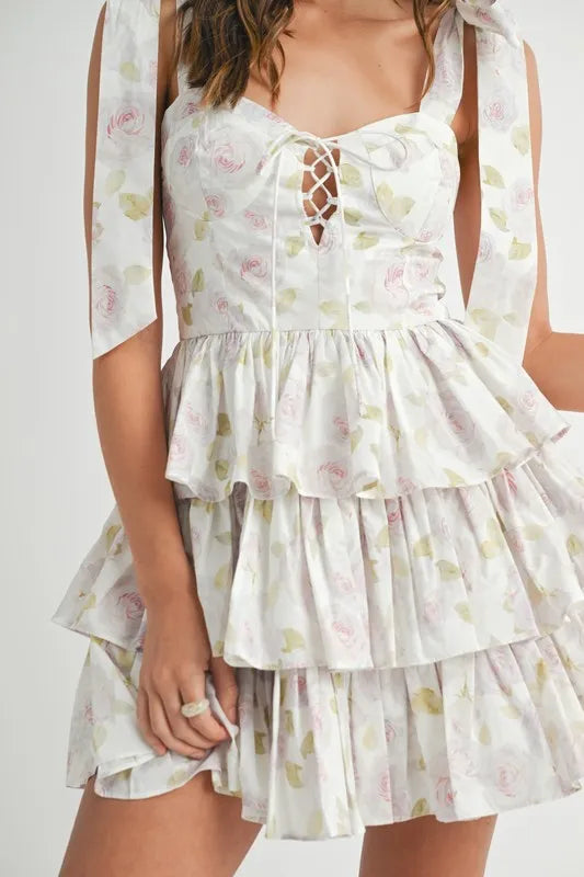 Mable Floral Print Shoulder Tie Layered Mini Dress