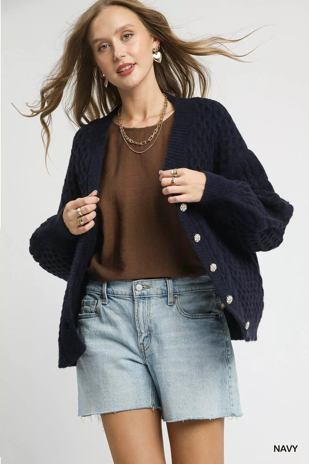 Navy Umgee Cable Knit Pearl Button Cardigan 1