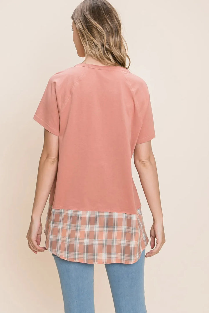 Marsala Cotton Bleu By Nu Lab Plaid Contrast Short Sleeve T Shirt