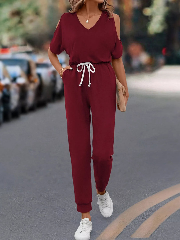 Burgundy Cold Shoulder V Neck Drawstring Waist Jumpsuit