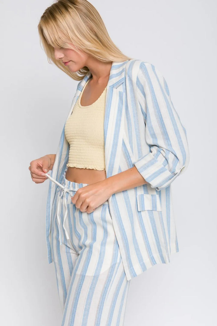 Blue Love Tree Linen Woven Striped Blazer