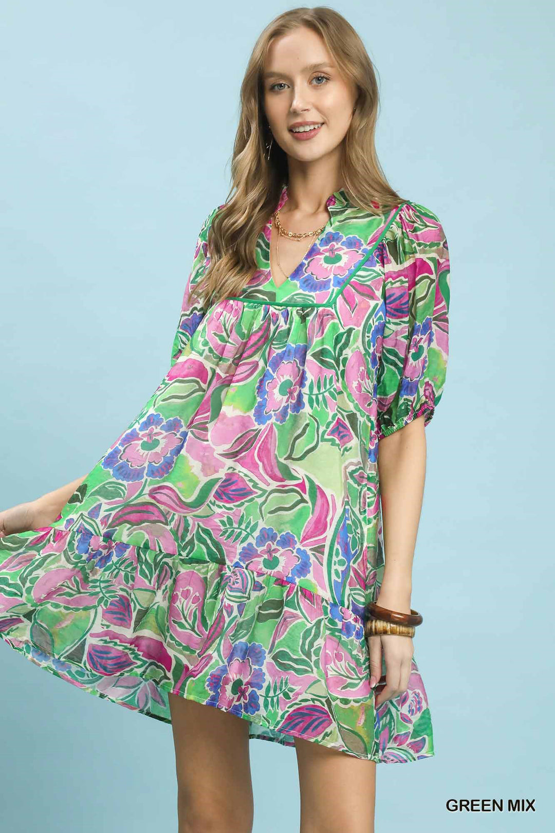 Green Mix Umgee Abstract Print V Neck Baby Doll Dress