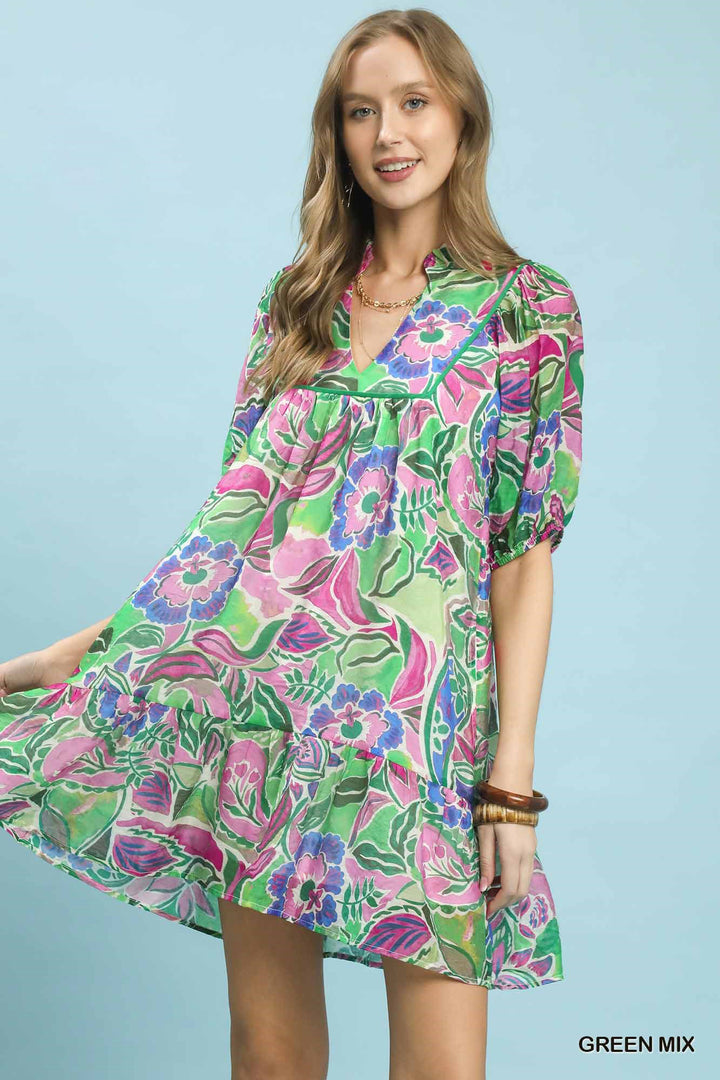 Green Mix Umgee Abstract Print V Neck Baby Doll Dress