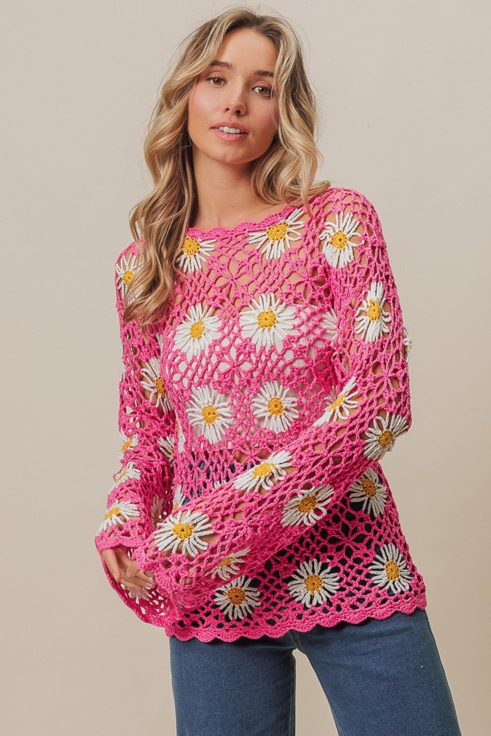 Fuchsia Bibi Floral Crochet Net Lace Cover Up