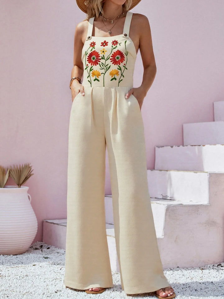 Tan Floral Embroidered Wide Leg Jumpsuit