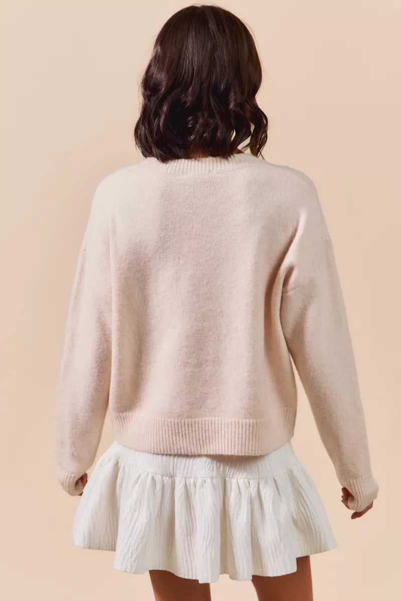 So Me Embroidered Ribbon Round Neck Sweater