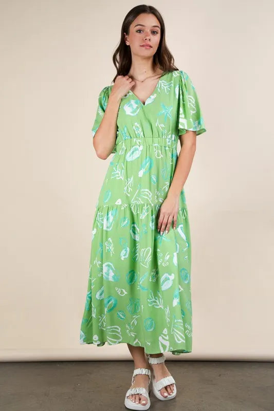 Sage Very J Printed V Neck Resort Midi Dress