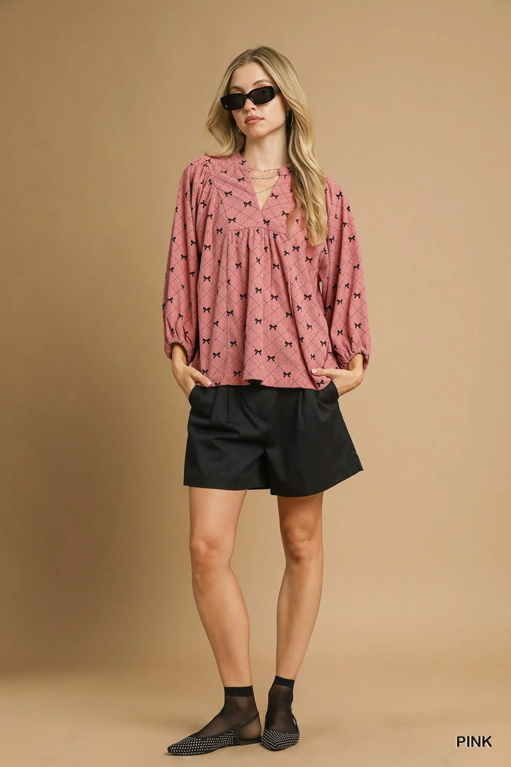 Umgee Corduroy Bow Print Balloon Sleeve Blouse 1