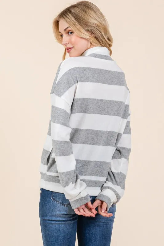 Light Gray Bombom Striped Quarter Zip Drop Shoulder Sweatshirt