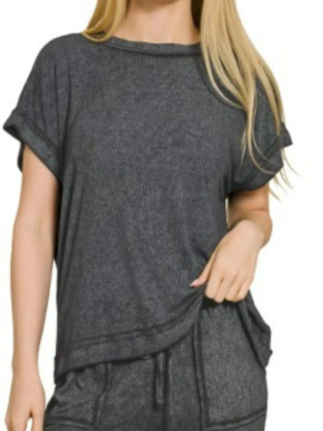 Ash Black Zenana Ribbed Acid Wash Rayon Top Pants Set